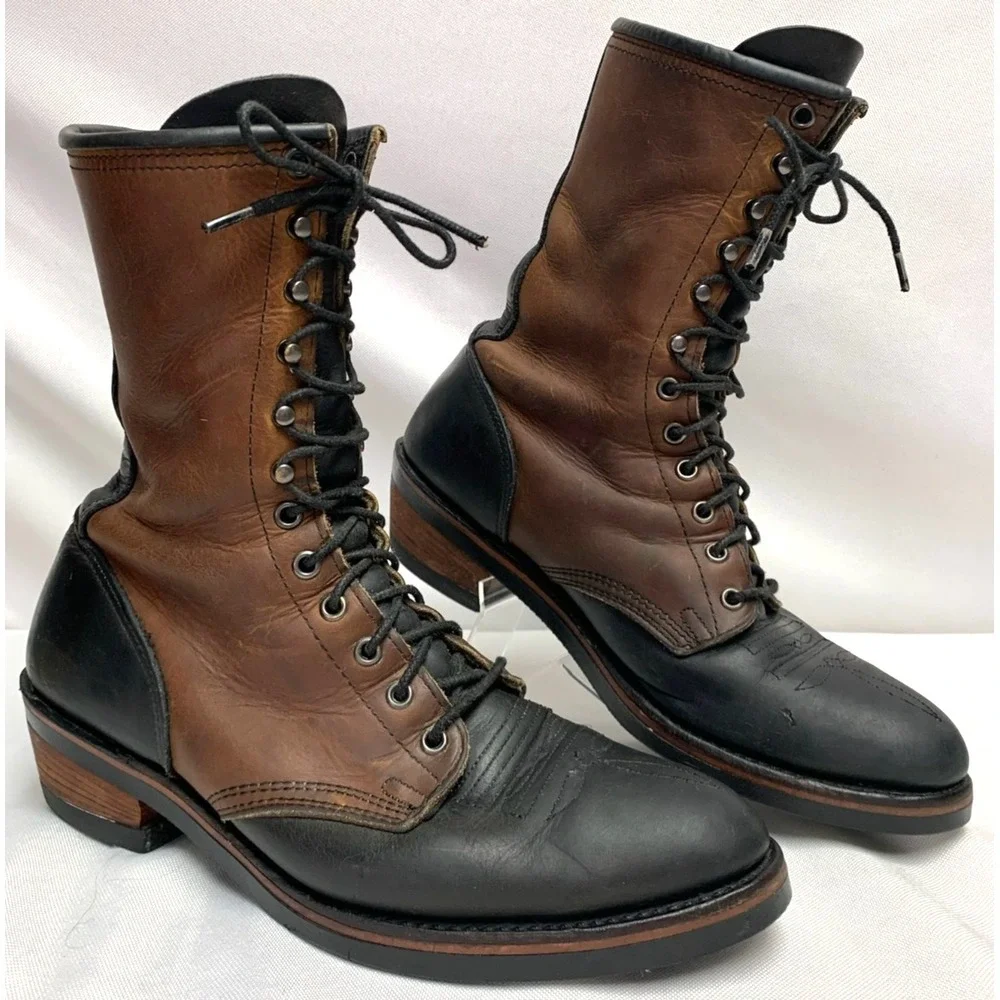 Mens Chippewa ? Two Tone Leather Brown Black Packer Work Boots Union Made 9 B